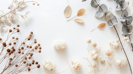 Poster - Flower composition Eucalyptus branches and dry flowers on white background Flat lay Top view Copy space  Image : Generative AI