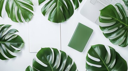 Aufkleber - Home office workspace mockup with laptop clipboard palm leaf notebook and accessories Flat lay top view : Generative AI