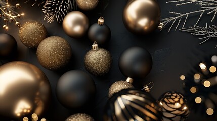 Poster - Chic Christmas flat lay composition with elegant black and gold elements Luxury festive decor on a dark background Modern design for holiday cards invitations and posters Stylish abstr : Generative AI