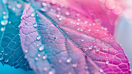 Aufkleber - Transparent skeleton leaf with beautiful texture on a blue and pink background glass with shiny water drops closeup macro Bright expressive artistic image nature free space : Generative AI