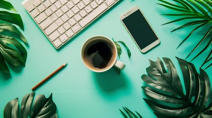 Aufkleber - Creative flat lay photo of workspace desk with smartphone keyboard coffee pencil leaves with copy space background : Generative AI