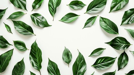 Poster - Leaf pattern Frame made of green leaves on white background Flat lay top view copy space : Generative AI