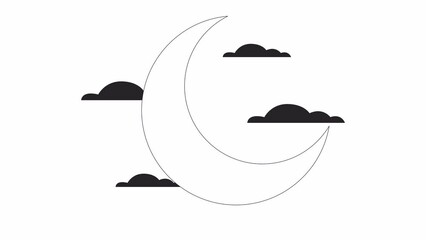 Poster - Young moon and clouds in sky bw outline 2D objects animation. Night sky tranquil beauty monochrome linear cartoon 4K video. Cloudscape with crescent animated items isolated on white background