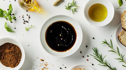 Bowl of balsamic vinegar with oil bread and spices on white table flat lay : Generative AI