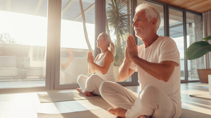 An elderly couple practice yoga, meditate in yoga classes and lead an active and healthy lifestyle. Retirement hobbies and leisure activities for the elderly. Bokeh in the background.