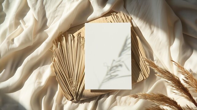 Blank greeting card card mockup on wooden plate tray Dry grass plant in sunlight Beige linen background shadow overlay Modern template for branding identity Autumn winter design Flat l : Generative AI