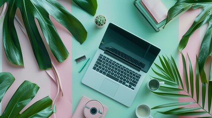 Aufkleber - Home office workspace mockup with laptop clipboard palm leaf notebook and accessories Flat lay top view : Generative AI