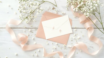Aufkleber - Feminine wedding stationery desktop mockup scene Blank greeting card craft envelope babys breath flowers silk ribbon and lentisk branches Old white wooden table background Flat lay top : Generative AI