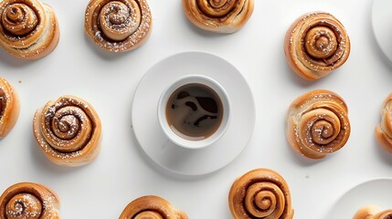 Poster - Creative layout made of cinnamon buns and cup of coffee on the white background Flat lay Food concept : Generative AI