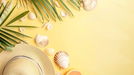 Aufkleber - Summer composition Fruits hat tropical palm leaves seashells on pastel yellow background Summer concept Flat lay top view copy space : Generative AI