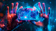 Hands manipulating virtual reality controllers with dynamic blue light connections, illustrating advanced interactive technology. Gamer is playing a game. Artificial intelligence. Banner. Copy space