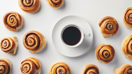Aufkleber - Creative layout made of cinnamon buns and cup of coffee on the white background Flat lay Food concept : Generative AI