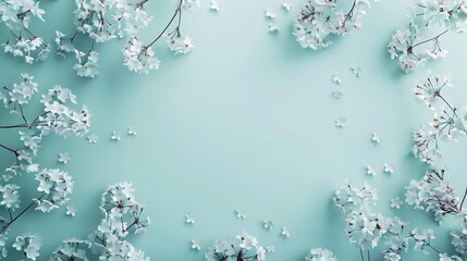 Poster - Beautiful Turquoise blue background with spring cherry blossom branches top view flat lay frame Creative springtime layout banner or template : Generative AI