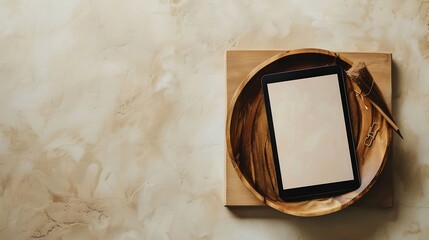Aufkleber - Flatlay of blank screen tablet notebooks clips in wooden bowl straw stand on beige concrete background Home office desk workspace Business work template Flat lay top view : Generative AI