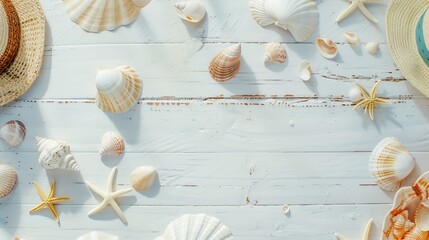 Poster - Beautiful summer holiday beach background with some accessories and shells on white wood panel border design on top view with copy space : Generative AI