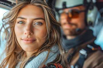 Couple in the cockpit of a helicopter at sunset