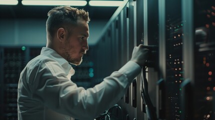 Poster - A male technician in the data center is responsible for analyzing and verifying effectiveness infrastructure, carrying out continuous monitoring and improvement of data storage and protection systems.