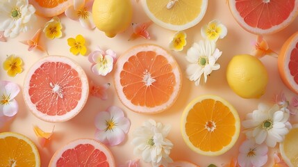 Canvas Print - Colorful food pattern made of lemon orange grapefruit and flowers Flat lay : Generative AI