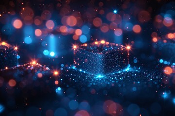 Poster - A mesmerizing 3D illustration of a cube formed by bright blue and red sparkling particles against a dark backdrop