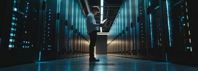 Aufkleber - A competent and experienced male engineer in the data center is responsible for the effective management of servers and network equipment, ensuring the smooth operation infrastructure. Wide banner