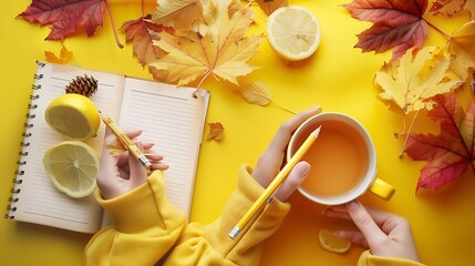 Poster - Autumn flat lay  colorful autumn leaves a cup of tea with lemon clean week planner female hands in a yellow hoodie pencil in hand : Generative AI