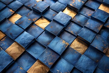 Poster - Top view of a beautiful pattern of blue tiles with gold flecks, showing varied textures and elegance