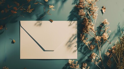 Aufkleber - White blank card craft envelope and dry flowers plant on green background Top view Flat lay Mockup Copy space : Generative AI