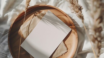 Aufkleber - Blank greeting card card mockup on wooden plate tray Dry grass plant in sunlight Beige linen background shadow overlay Modern template for branding identity Autumn winter design Flat l : Generative AI