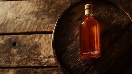 Poster - Bottle with rum cognac or whiskey Over old wooden barrel Top view flat lay with copy space : Generative AI