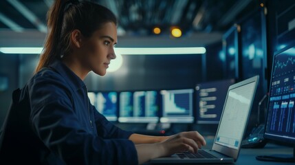 Poster - Female engineer IT specialist sitting at desk in data center with laptop, deeply fixed in solving technical problems and managing computer infrastructure.