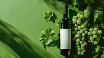 Poster - Red wine bottle with white label mockup with bunch of Primitivo grape green fall grapes leaves Concept wine flat lay backgroud : Generative AI