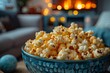 A patterned bowl overflowing with delicious popcorn on a cozy home background