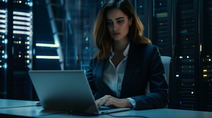 Poster - A technician behind a laptop improves data security systems in the data center, providing reliable protection against cyber threats and implementing strategies to control access to information.