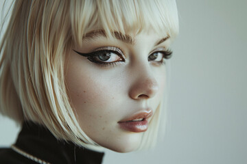 Wall Mural - Portrait of young attractive woman with blond hair with bob hairstyle with bangs and black thick eyeliner makeup