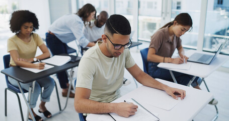 Aufkleber - Education, exam and university students with diversity in classroom for learning, test or studying. Young people, writing and college learner together for scholarship for future career or development