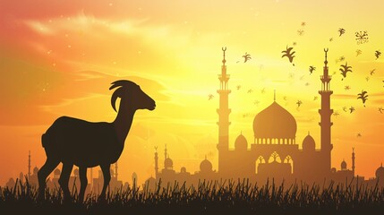 Wall Mural - Eid Al Adha poster of goat silhouette against mosque backdrop, ample text space for your message.