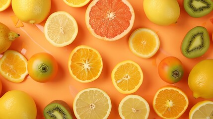 Orange flatlay covered in tropical fruit like lemon kiwi mango ananas passion fruit grapefruit Summer vibes background fresh healthy food : Generative AI