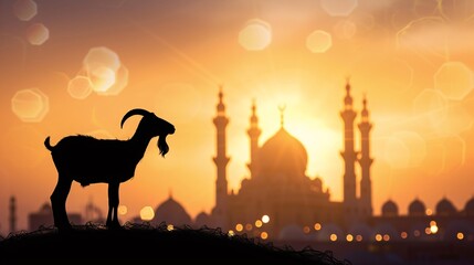 Poster - Eid Al Adha poster of goat silhouette against mosque backdrop, ample text space for your message.