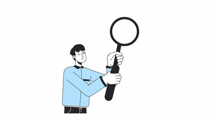 Poster - Asian man using magnifying glass line 2D character animation. Conducting investigation flat color cartoon 4K video, alpha channel. Korean male researcher animated person on white background