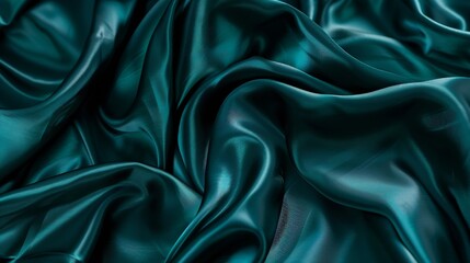 Poster - Dark teal green silk satin Shiny smooth fabric Soft folds Luxury background with space for design web banner Flat lay top view table Birthday Christmas Valentine New year : Generative AI