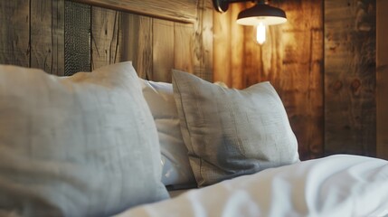 Aufkleber - Rustic bedroom interior design with pillows on bed and decorative wood bed closeup : Generative AI