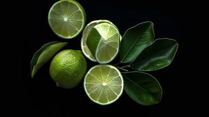 Poster - Group lime with sliced and green leaf on black dark background  top view  flat lay : Generative AI