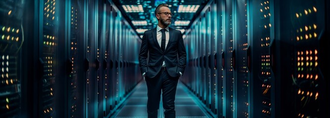 Poster - The businessman is actively exploring new opportunities in field of information protection and storage in the cloud environment to ensure the security and integrity of his company's data. Wide banner