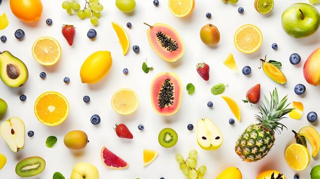Creative layout made of fruits Flat lay Plum apple strawberry blueberry papaya pineapple lemon orange lime kiwi melon apricot pitaya mango and carambola on the white background : Generative AI