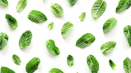 Poster - Mint leaves pattern isolated on white background  top view  flat lay : Generative AI