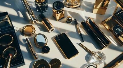 Poster - Flat lay top view feminine table desk isolated on white  Workspace with cosmetics phone glasses lipstick nail lacquer watches mascara and eyeshadow in gold Golden and black tones : Generative AI