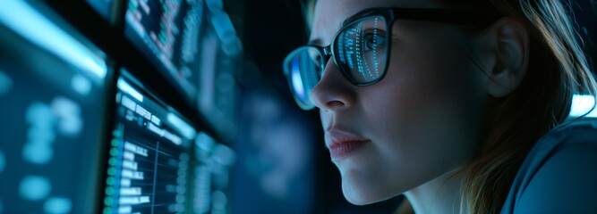 Poster - A professional data scientist analyzes large amounts of information and ensures its security in the data center using advanced technologies. Close-up in banner format