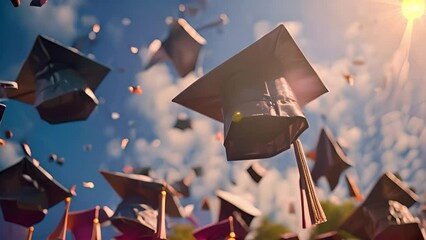 Wall Mural - Graduation hats flying in the sky. Graduate are celebrating graduation Throwing hands up a certificate and Cap in the air, Happiness cheerful feeling, Commencement, Graduation day on sky background.4k