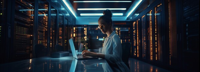 Poster - Professional female network maintenance deeply immersed in her work in data center, using laptop to debug servers and network equipment and maintain stable operation
