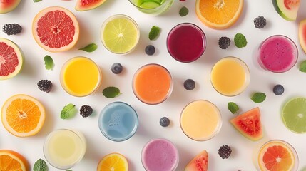 Poster - Creative layout made of smoothies and fruits around Flat lay Food concept Smoothies on the white background : Generative AI